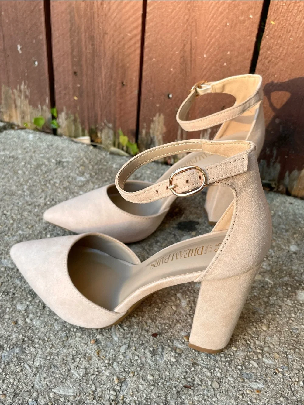 Ankle-Strap Pointed-Toe Chunky Platform Heels in Nude Beige Suede size 6.5 NWOT - Picture 2 of 10